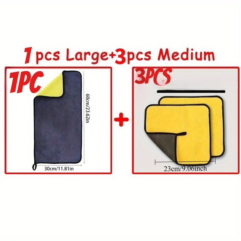 TEMU 4pcs (1 Large 3 Small) Super Absorbent Car Wash Towels - Ultra-absorbent Towels For Car Glass, Interior And Exterior Cleaning, Quick-dry,