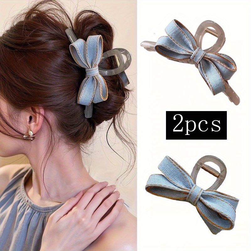 TEMU 2pcs Of Shark Clips With Blue Bows - Easy Hair Additions For Women, Fixing Ponytails And Updos, Suitable For Daily And Formal Occasions