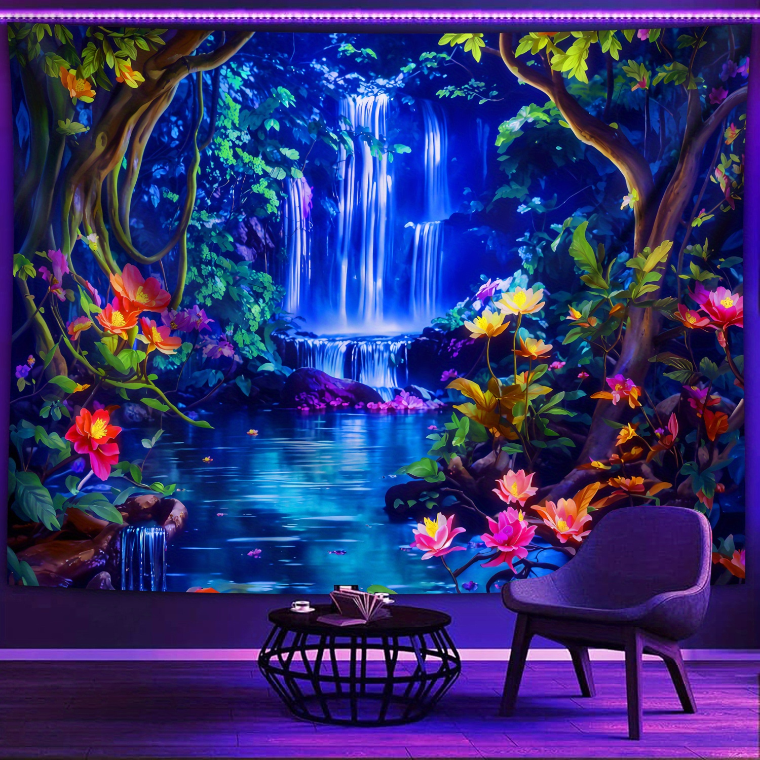 TEMU 1pc- Glow In The Uv Light- Waterfall Planting Tapestry, Large Size Fluorescent Aesthetic Printing Tapestry, Bedroom Aesthetic Hanging Tapestry