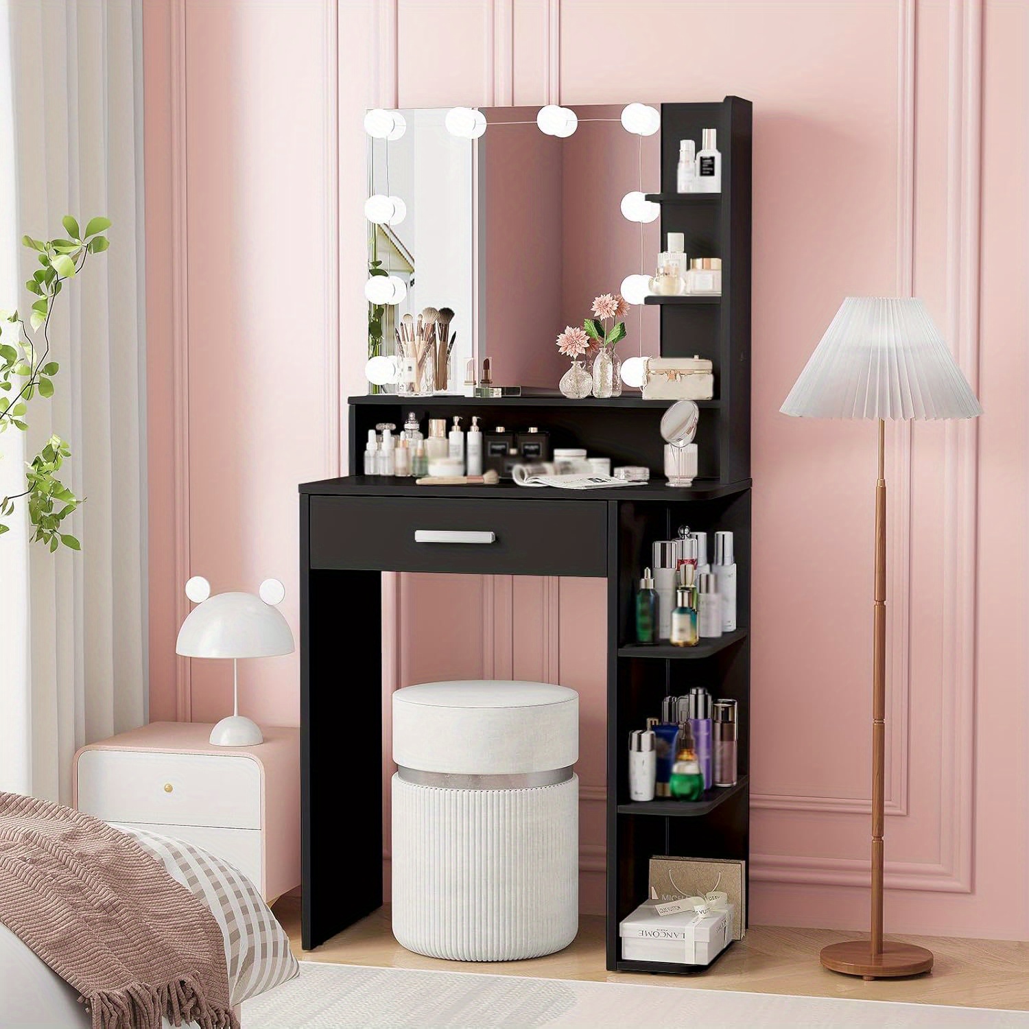 TEMU Compact Vanity Desk With Mirror - Usb-powered , 26, 4in Small Makeup Table With Large Drawer & 6-tier Storage Shelves, Usb-powered Lighting (3 :