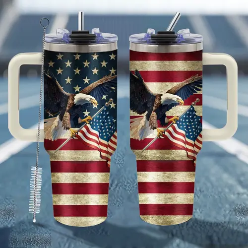 1pc 40oz american flag patriotic stainless steel insulated water bottle with lid straw bpa free uv printed portable travel mug for outdoor sports camping car perfect gift for men father s day christmas