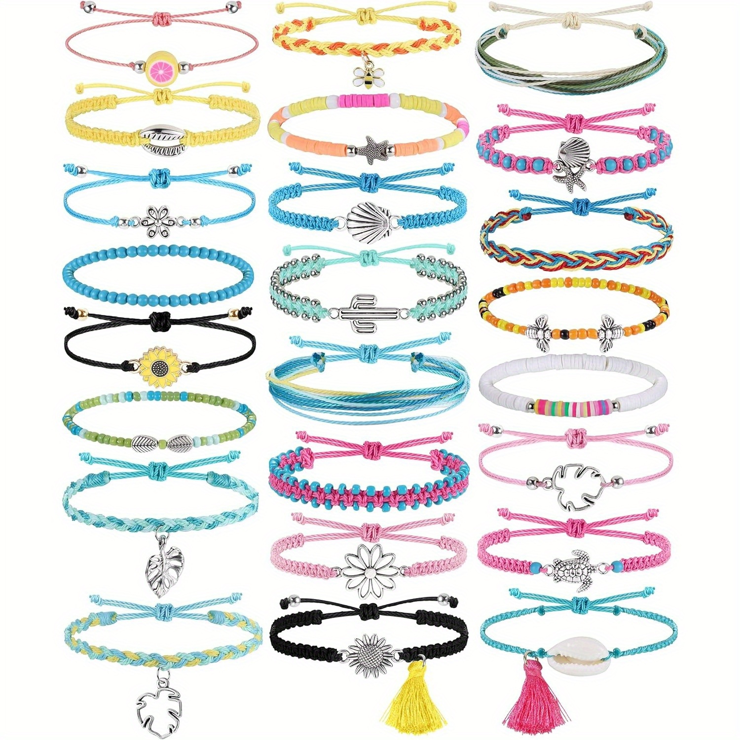 Image of 24pcs Surfer Bracelet Ocean Wave Adjustable Waterproof Handmade Friendship Bracelets Summer Sunflower Bee Bracelets Anklets Jewelry For Women
