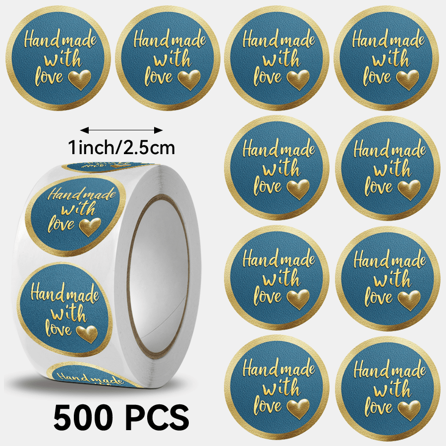 E-shop 500 Stk./Rolle, Goldene Herz Handgemachte mit Liebe Muster Aufkleber, Belohnungsaufkleber, Frohes Muttertag, Größe 2,5 cm/1,0 Zoll, Rund,