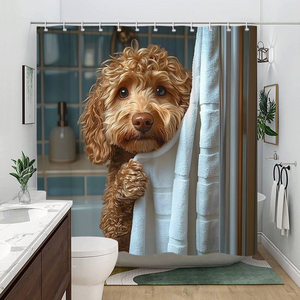 TEMU A Cute Poodle Puppy Out From Behind A Bath Towel, Digital Shower Curtain- Cute And Comfortable Bathroom Decor, Realistic , 12 Hooks, 70.86x