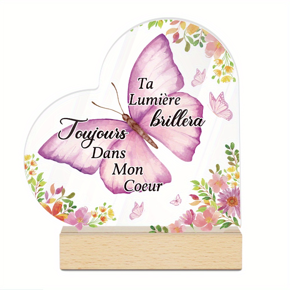 TEMU 【JIT】Putuo Decor 1pc French Heart Shaped Acrylic Sign Wooden Base Table Decor, Ta Lumière Brillera Dans , Desktop Decoration for Home Room