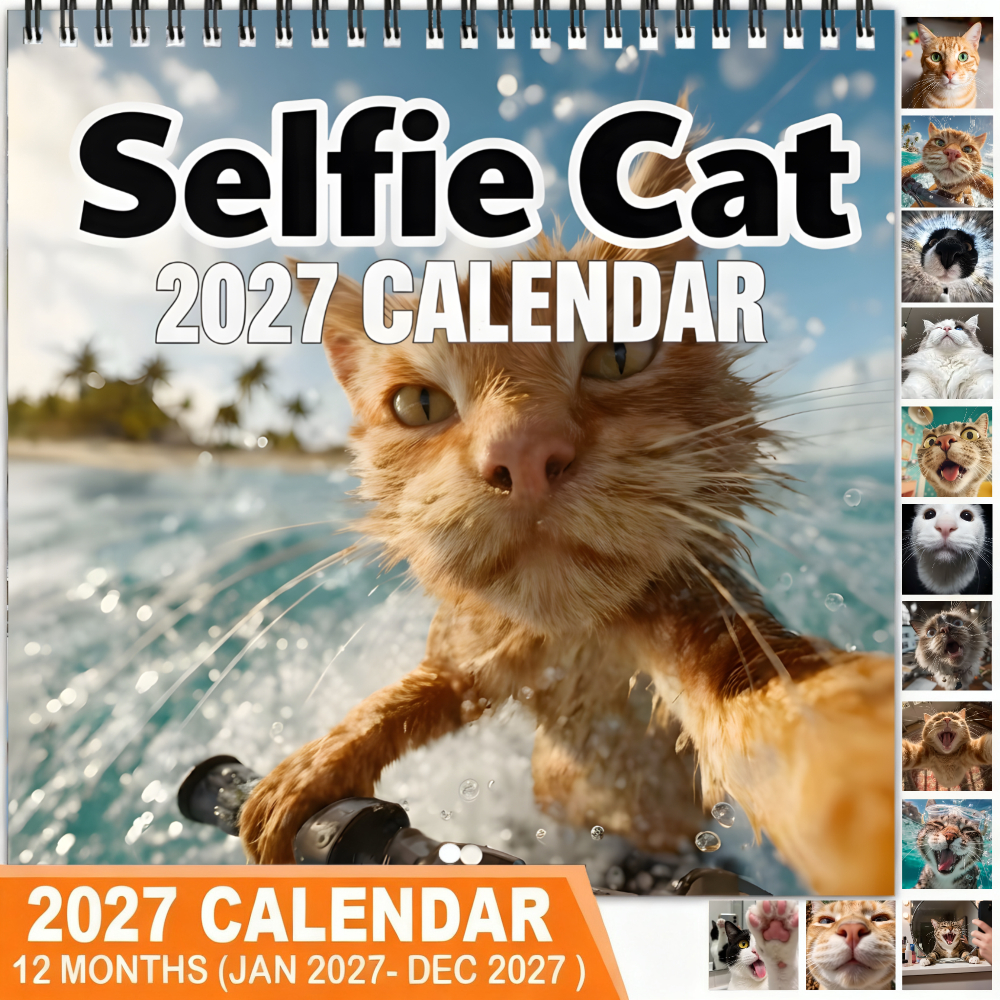 TEMU 1pc 2027 Selfie Cat Planner & Wall Calendar - Thick Coated Paper Spiral Bound Monthly With Splash Palm Trees Suitable For Home Or Office,