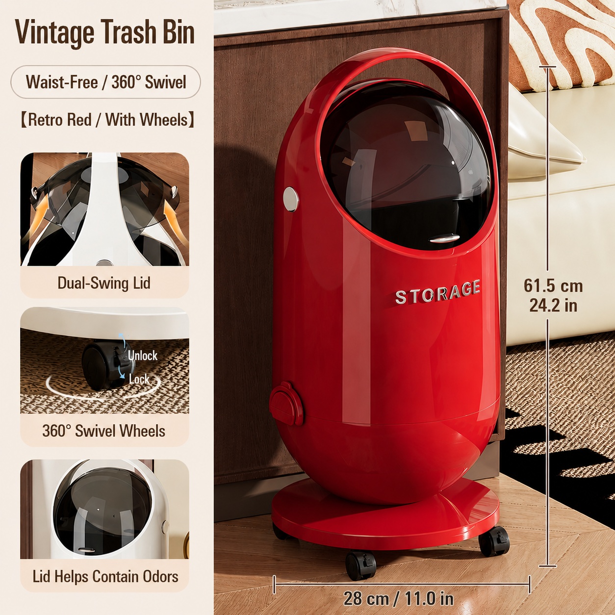 20l Space Capsule Trash Can With Removable Inner Bucket, Modern Odor-proof Waste Bin With Lid, Rolling , Durable Pp Plastic Wastebasket For Bathroom, Bedroom, Office And Living Room