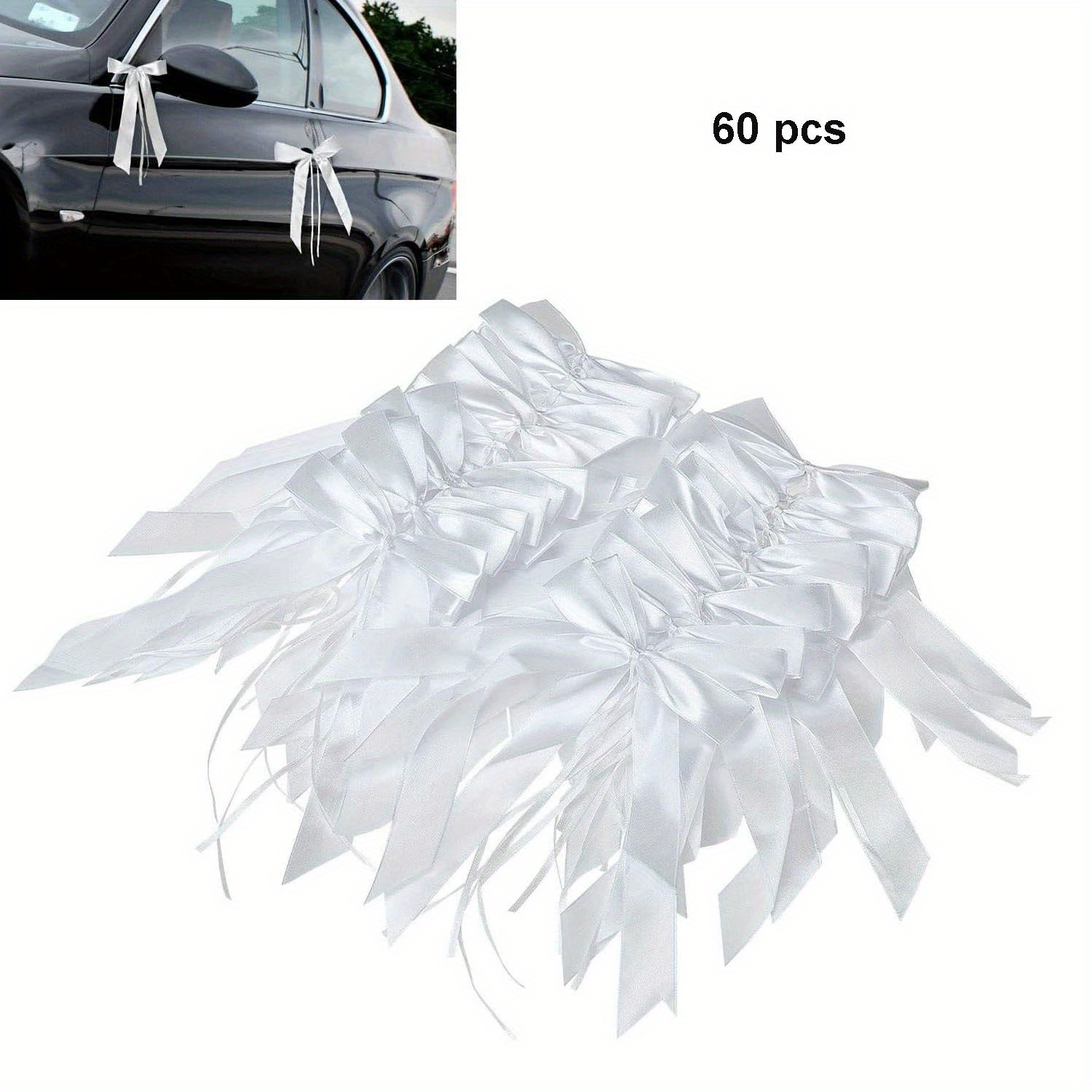 Image of 60/100pcs White Polyester Antenna Bows For Cars - Elegant Wedding Birthday Party Decorations, Durable Car Ribbon For Vehicle & Table Decor, Car Antenna Decoration, Event , Classic , Smooth Texture