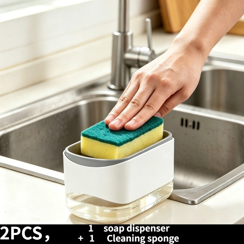 TEMU Juego de 2 piezas: 1 dispensador manual de jabón para manos y 1 esponja de limpieza. No necesita electricidad, distribución automática de