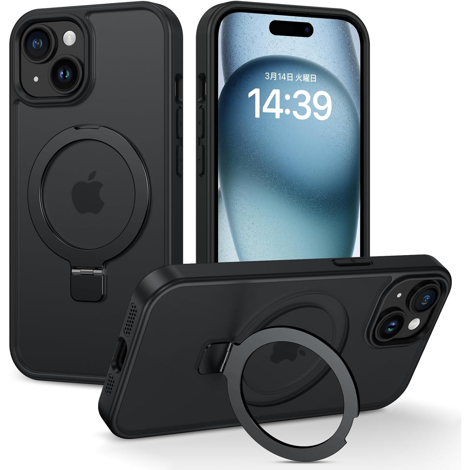 TEMU スマホケース：[ワイヤレス充電対応] 半透明 スタンド機能付き 縦横両用 耐衝撃 パッド付き 指紋防止 黄ばみ防止 内蔵マグネット スマホ保護カバー ブラック