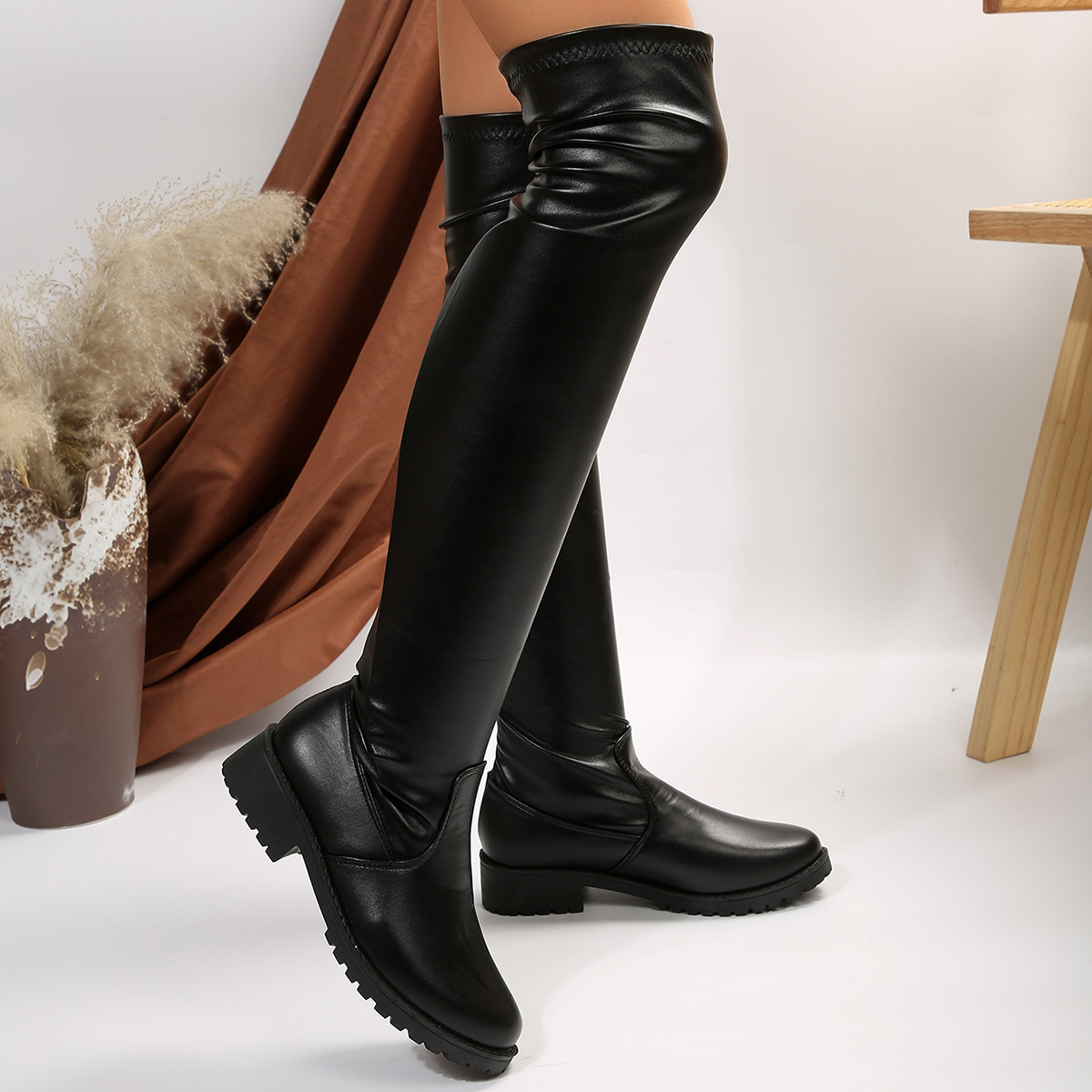 TEMU Women's Wide Width Slip-on Over-the-knee Boots - Thick Platform Sole & Round Toe Faux Leather High-top Boots With Thigh Design, Winter Warm