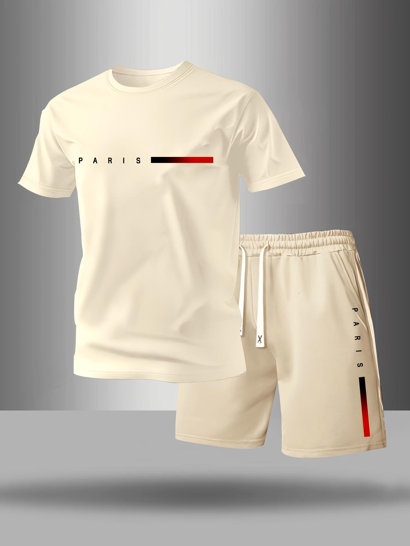 Men'S Paris Letter Print Crew Neck T-Shirt And Drawstring Waist Shorts Set