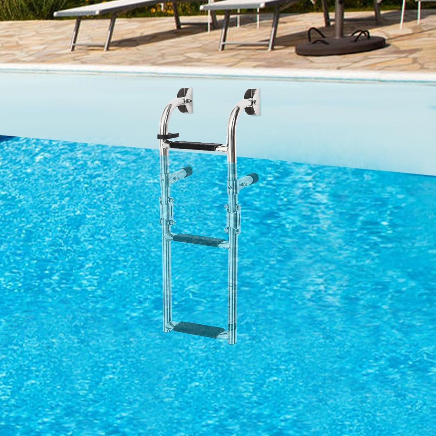 Image of 3 Step Folding Ladder Boat Marine Stainless Steel Pontoon Ladder Polished (mounting Screws Are Included)