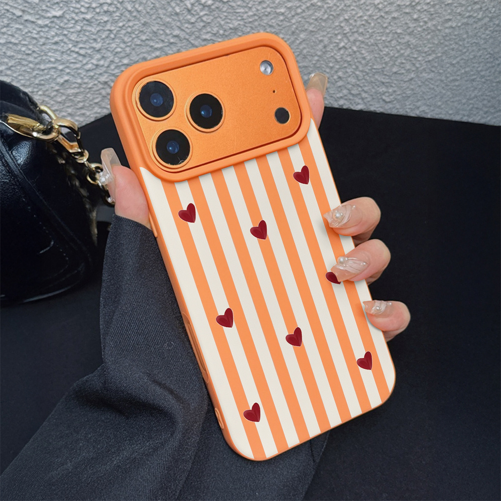 TEMU Phone Case - 1pc Anti-fall Easy Premium Dark Yellow Striped And Red Heart Soft Tpu Material Orange Large Hole Phone Case, Suitable For Iphone