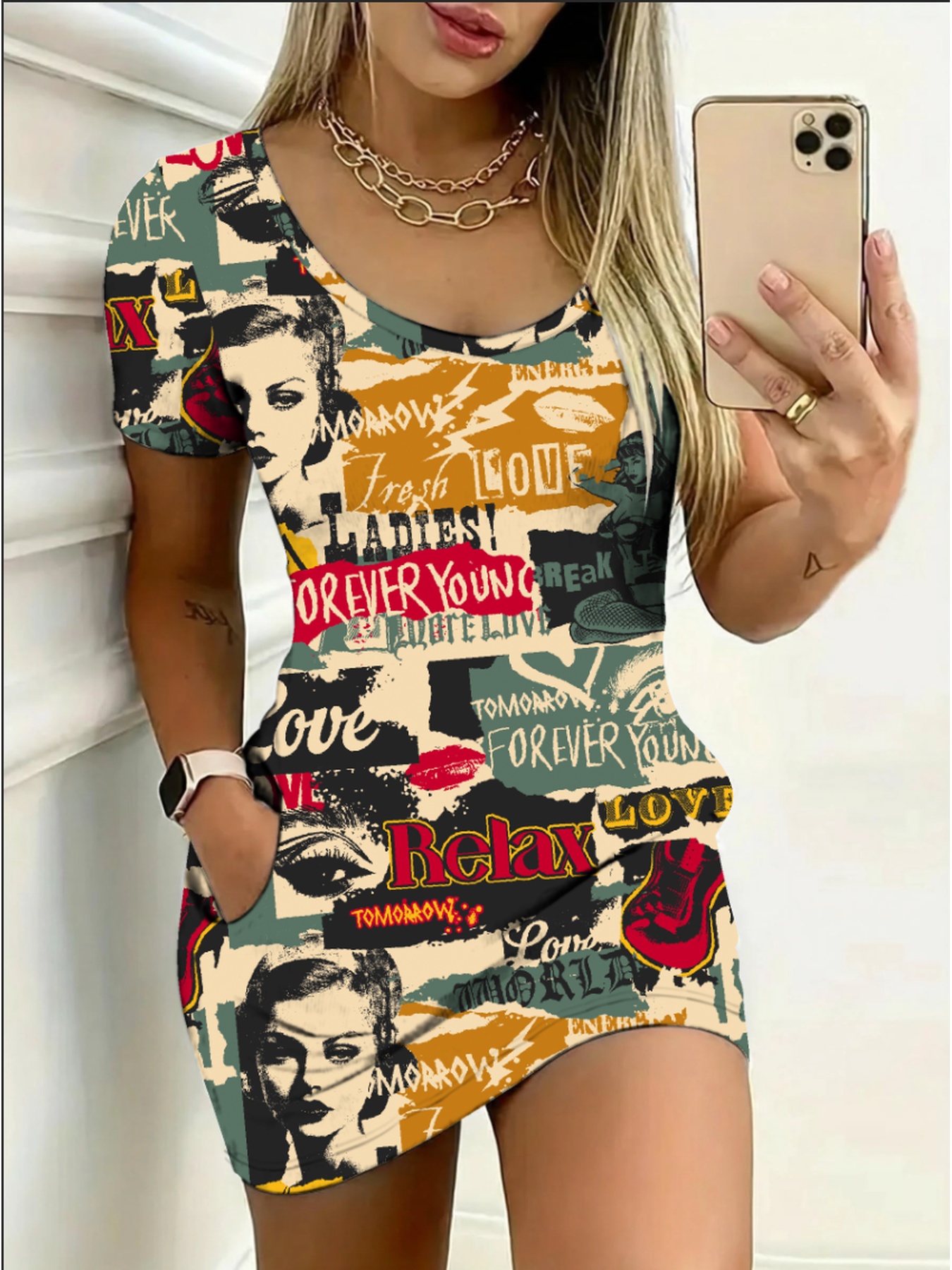 item picture women vintage newspaper print short sleeve dress low cut mini dress with pockets loose   retro lettering suitable for summer casual to dressy wear