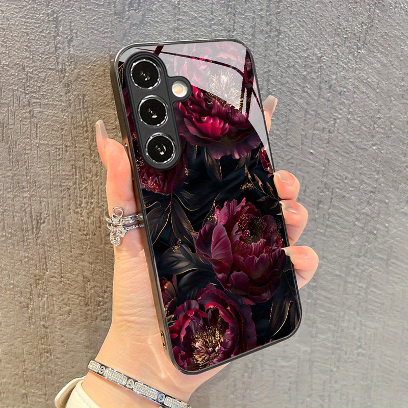 TEMU Phone Case - Retro Big Red Peony Pattern Glass Phone Case For Galaxy S25/s25 Ultra/s25 Plus/s25 Edge/s24/s24 Fe/s24 Ultra/s23/s23
