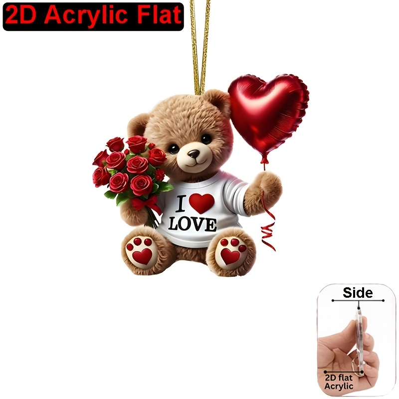 TEMU 2d Flat - A Flat 2d Acrylic Ornament In A Bohemian Style, Depicting A Teddy Bear With A Rose And A Heart-shaped Balloon, Along With 'i Love',