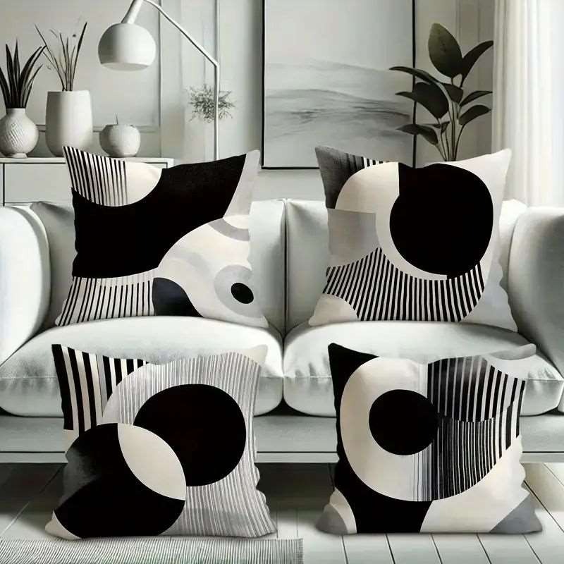 TEMU 4pcs Nordic Geometric Abstract Black And White Pillowcases, Non-embroidered Zipper Closure, Machine Washable, Suitable For Living Room, Bedroom,