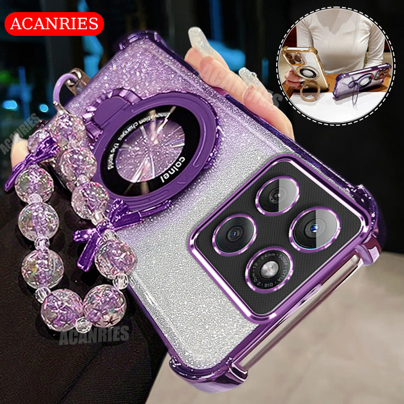 TEMU Phone Case: Acanries Luxury Star Bead Chain Lanyard With Magnetic Ring Bracket And Plating Gradient Glitter Phone Case For Motorola Moto G86/