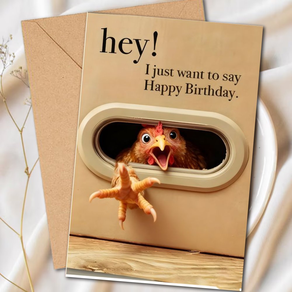 Image of 1pc Unique Chicken For Animal Peeking Through The Door Window Birthday Card - "hey! A Happy Birthday". A Humorous Birthday Card For