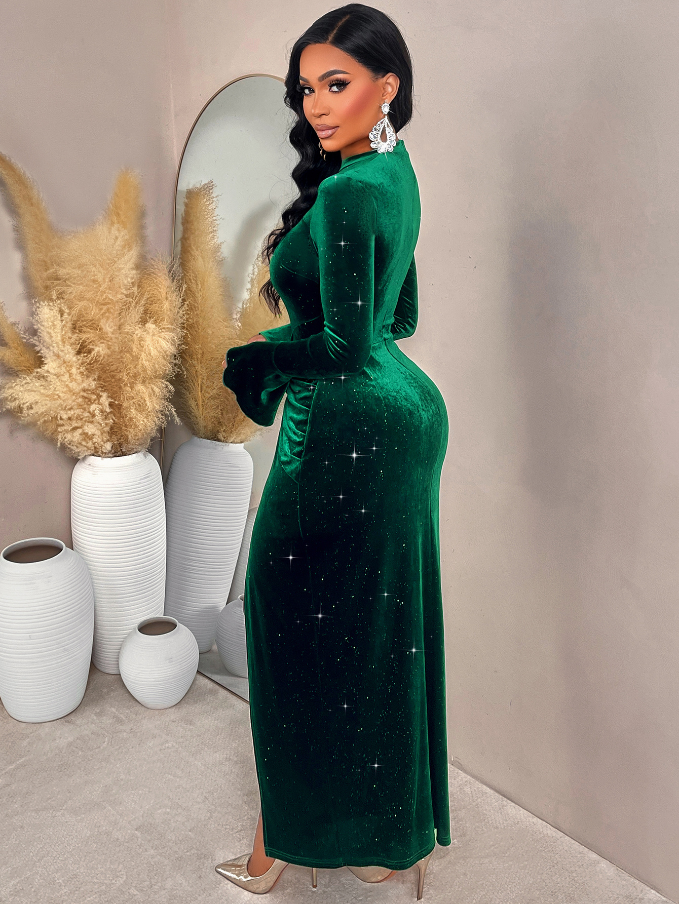 dark green velvet long sleeve dress evening hollow waist slit glitter Color:Other color couture kids dress dark green velvet dress Casual and Alt Chic this formal maxi dress