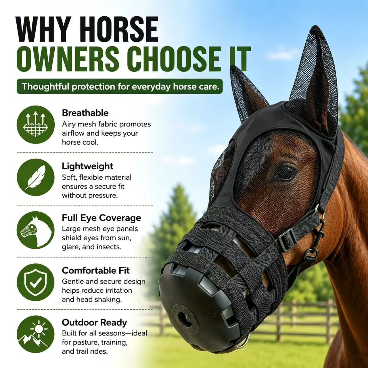 TEMU 1pc Horse Fly With Ears Cover Mesh Eyelid Eye Breathable Bug Netting Horse Equine Anti Insect, Without Battery