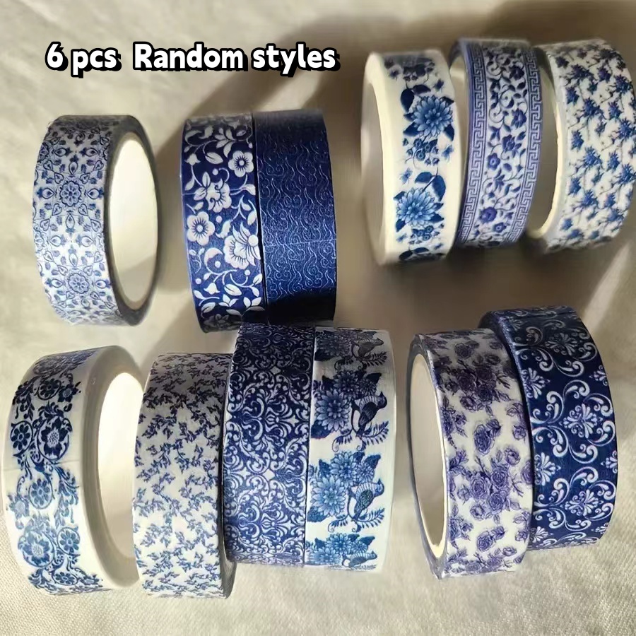 6 kosov polmat washi traku v slogu -belega porcelana - 3 naključni zvitki visokokakovostne washi podlage, vintage kitajski vzorec -belega
