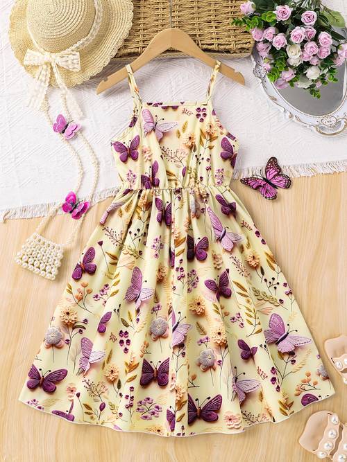 girls cute print dress strap elastic waist casual dress summer sleeveless a line sundress for beach vacation