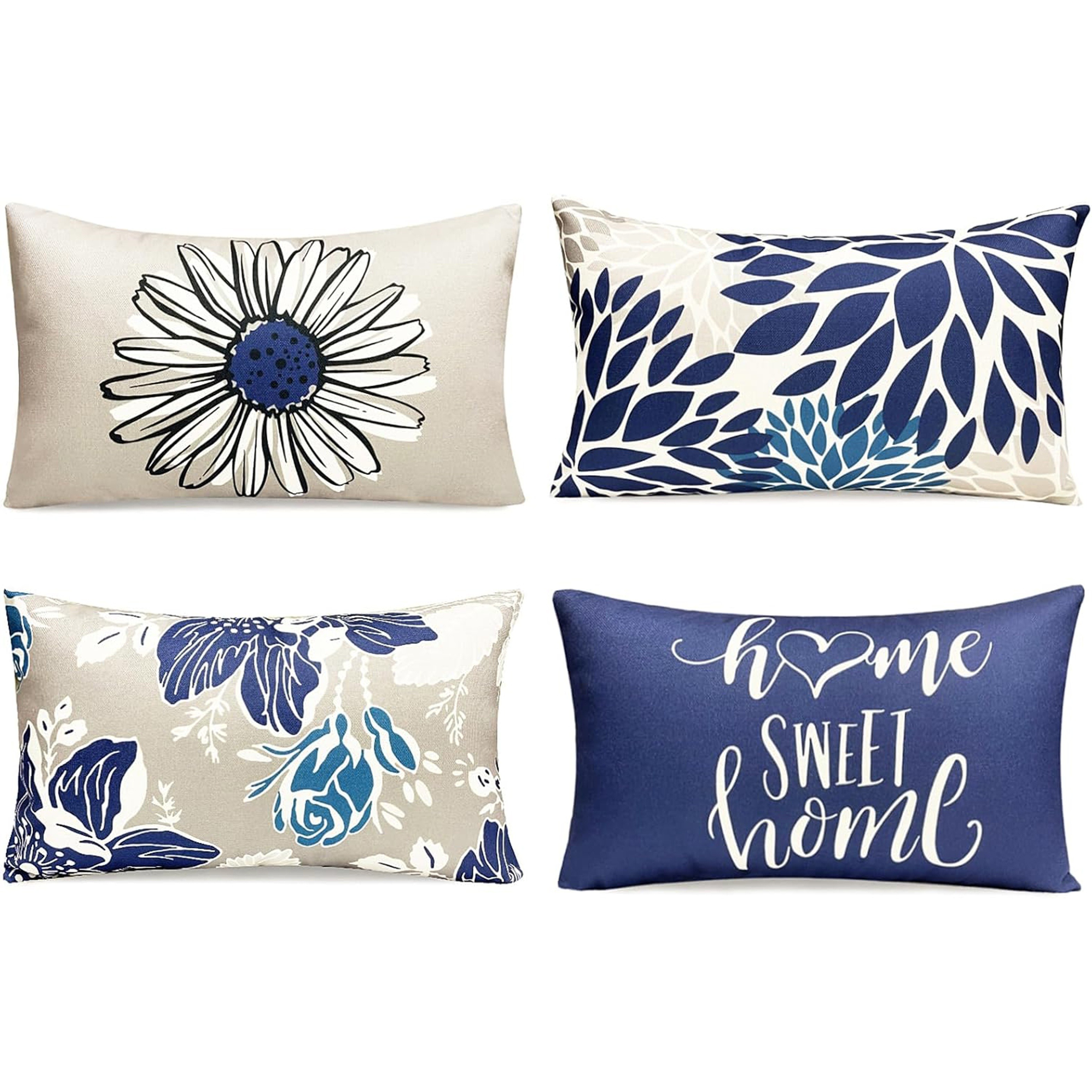 TEMU Lot de 4 housses de coussin lombaires bleues style bohème ferme moderne, décoration tendance moderne - Taies d'oreiller rectangulaires, housses