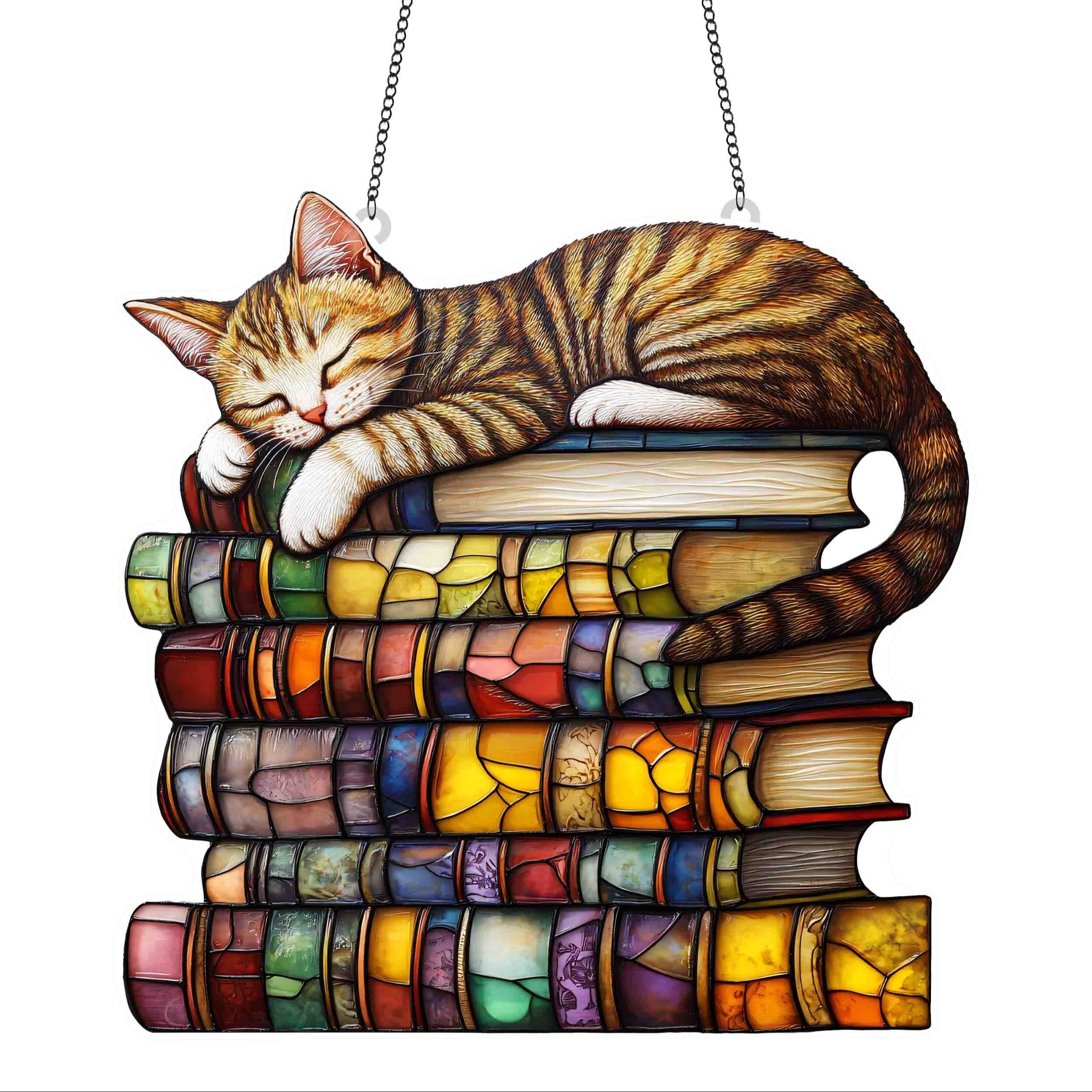 E-shop Tabby Katze und Buch Sonnenfänger - eine 5,9-Zoll x 5,9-Zoll Acryl Wanddekoration, das perfekte Geschenk für Bücherliebhaber, Frauen und