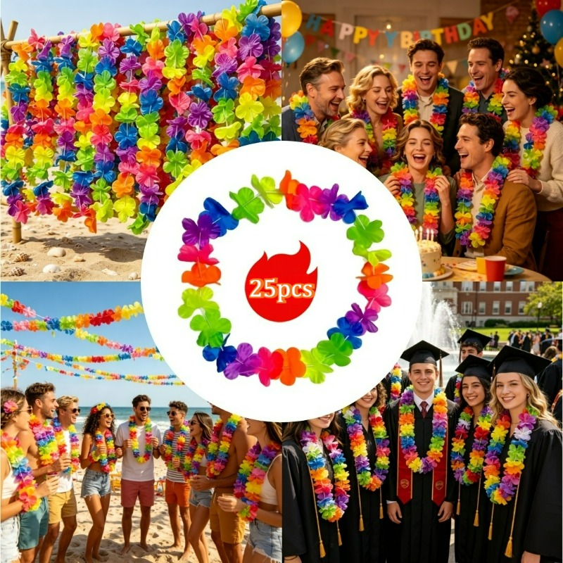TEMU 25pcs - Artificial , Colorful Tropical Flower Necklaces, Vibrant And Shiny Fake Flower Chains, Suitable For Hawaiian Carnival Parties, Beach