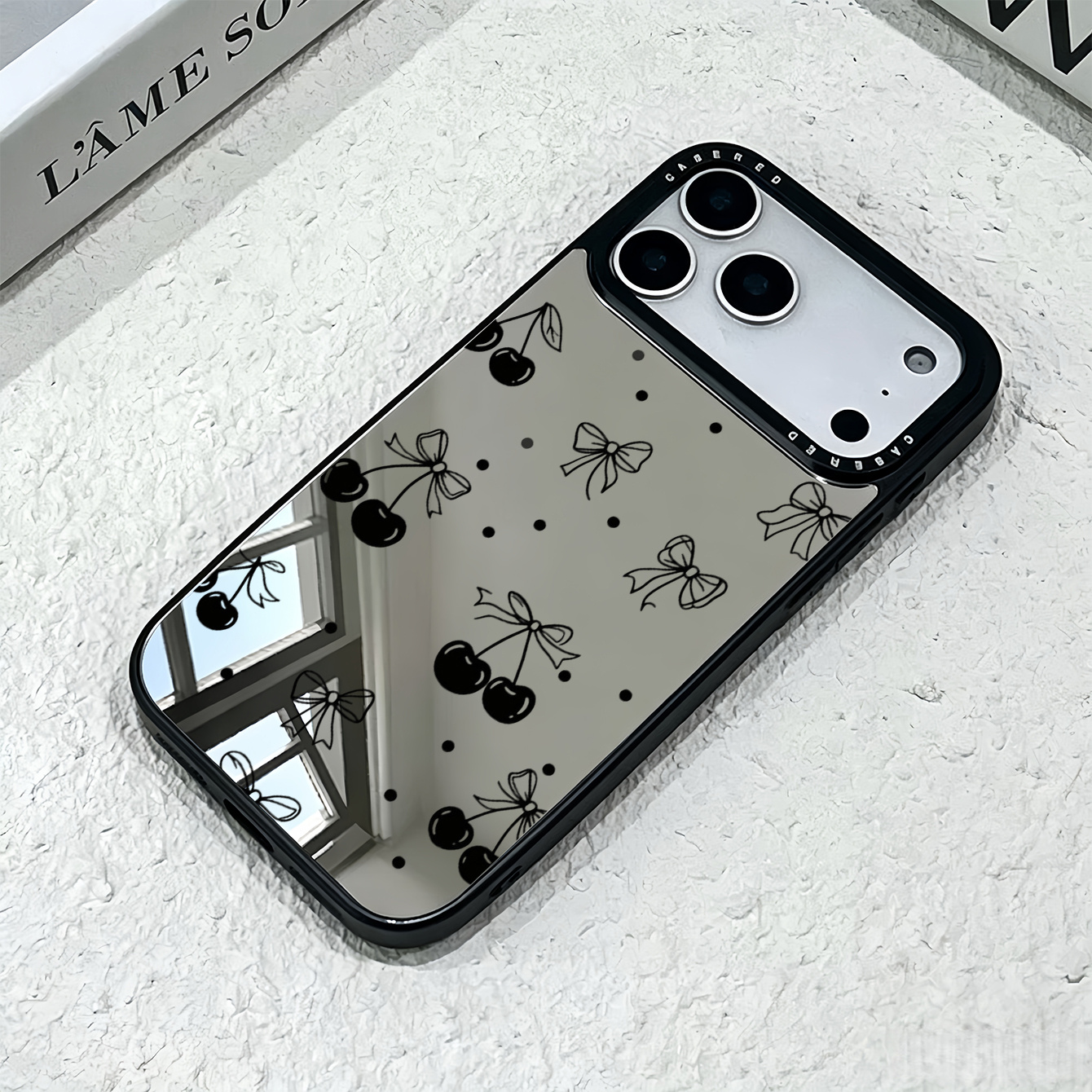 TEMU Phone Case - Sweet Cool Black Gray Bow Cherry Print Mirror Phone Case Anti-scratch Anti-fingerprint Lightweight Anti-drop Protective Cover