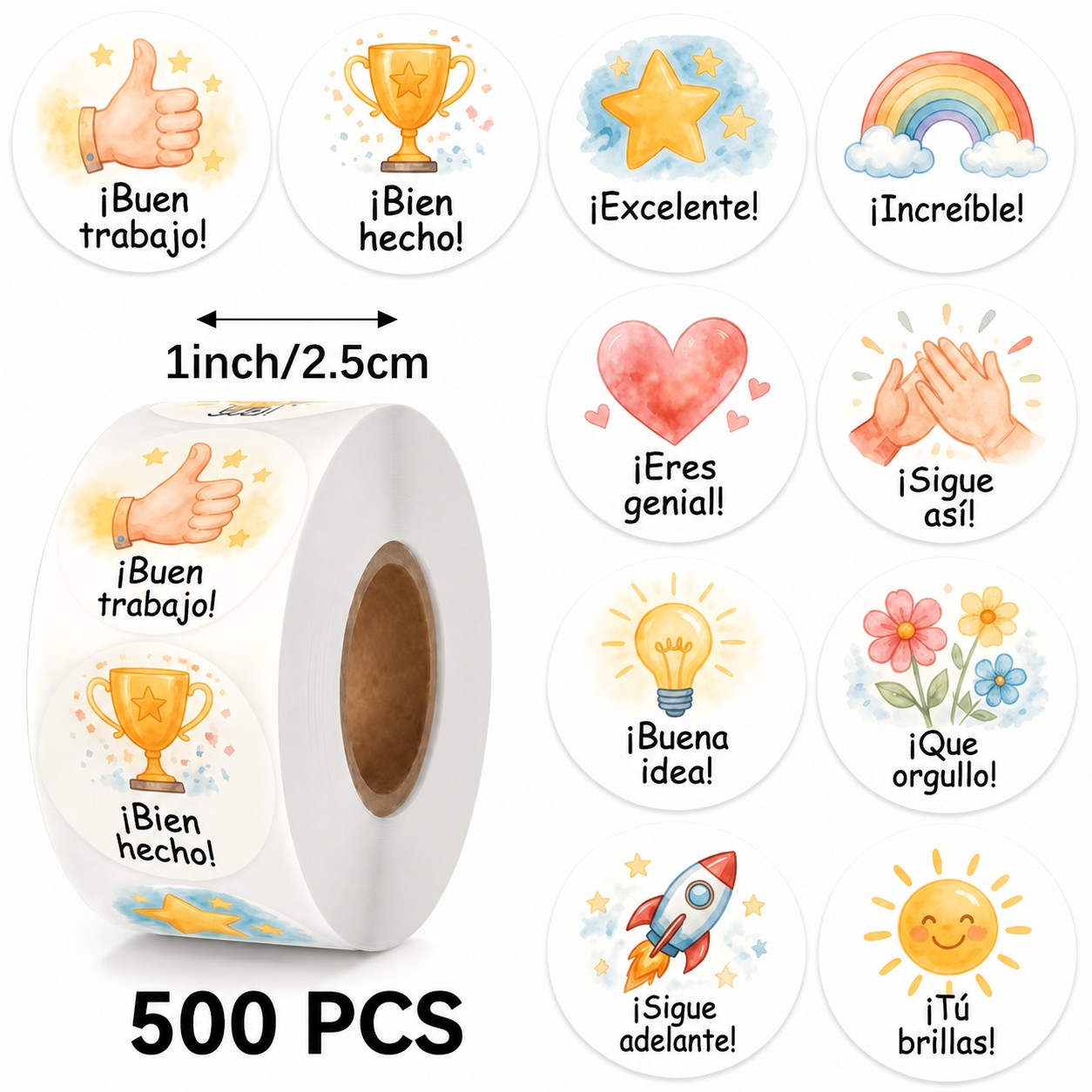 TEMU Rollo de 500 pegatinas de ánimo en español, etiquetas redondas de de 1 /2.5 cm, pegatinas autoadhesivas " Increíble" para diarios,