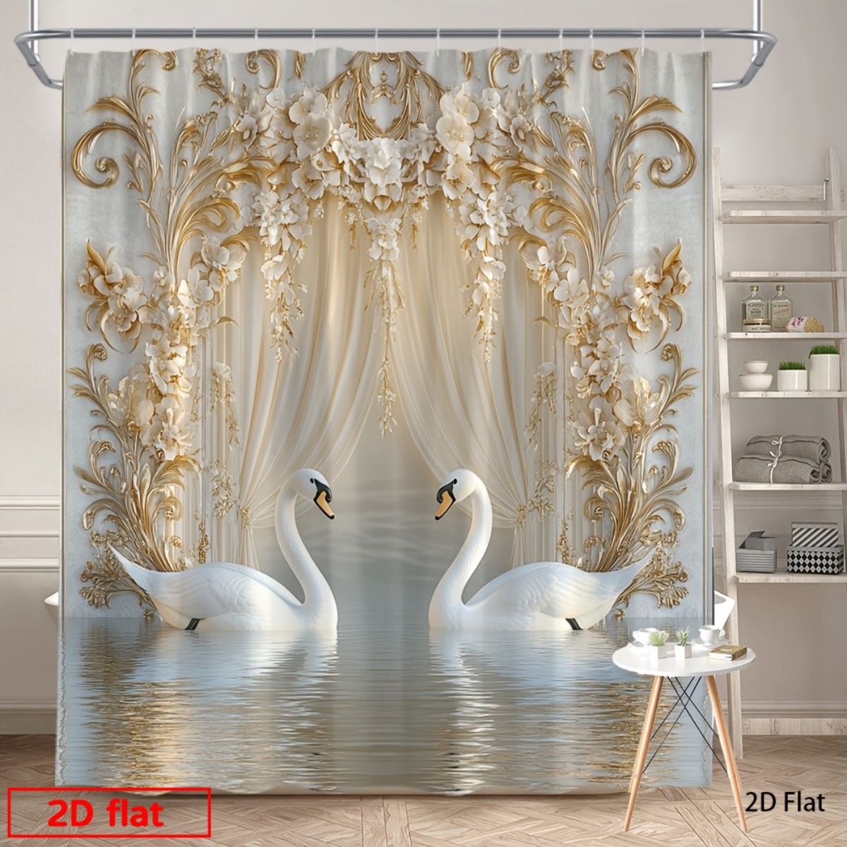 TEMU 2d Flat, 2d Flat Printing Shower Curtain, 1pcshower Curtain Printing Featuring White And A Golden Floral Arch, Designed To A To Your Bathroom
