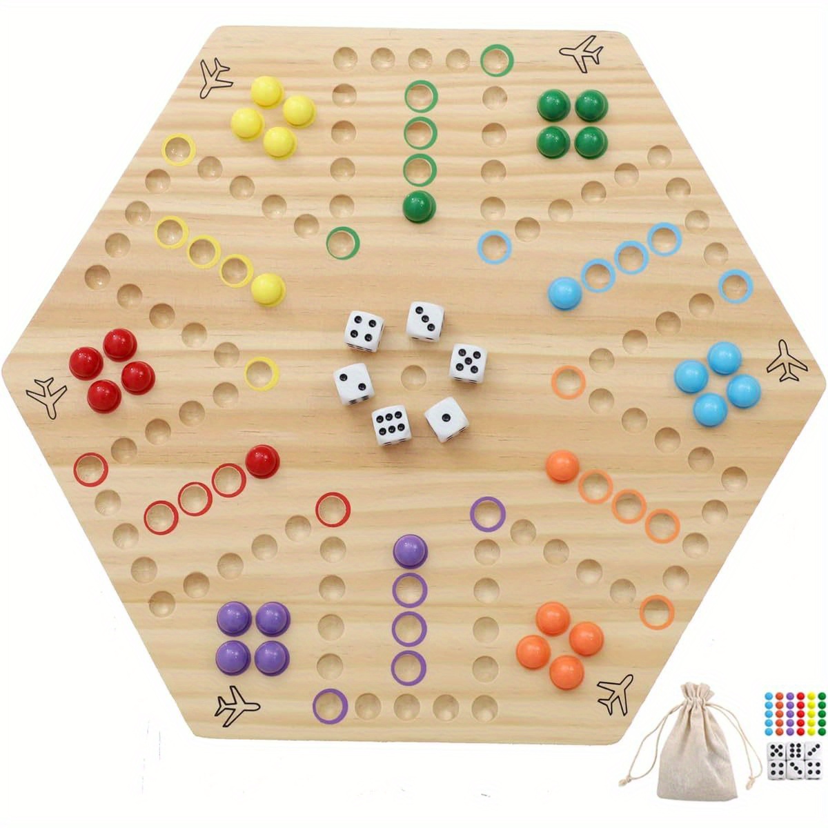 HOROW Wahoo Board Game - Classic 2-Sided Wooden Family Game Night Board Game for 4 or 6 Players, Includes 30 Marbles & 6 Dice, Compact Portable Design with Sturdy Log Base, Easy to Learn & Play