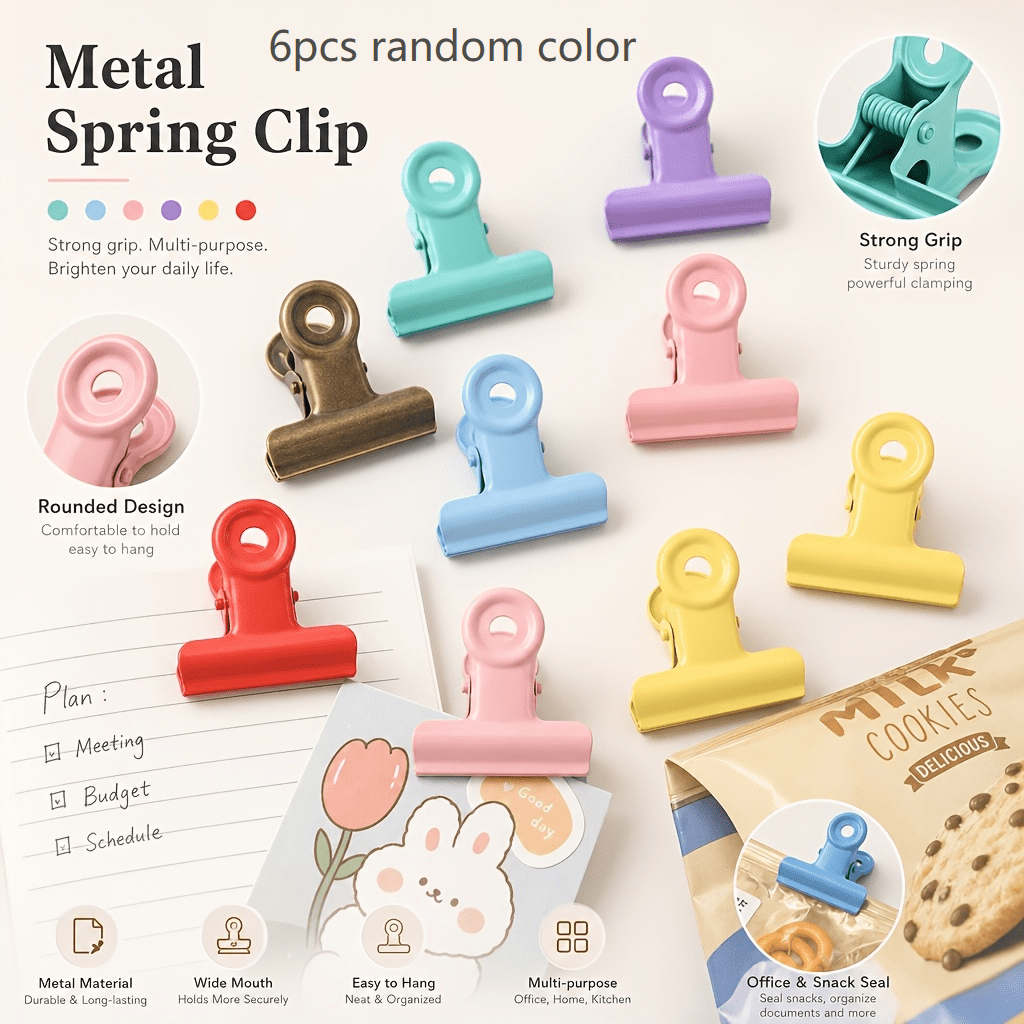 TEMU 6pcs Set Of Strong Metal Clips, Multifunctional Document Folders, Snack Bag Sealing Clips, Organizer Clips For Planners, Photos, And Documents,