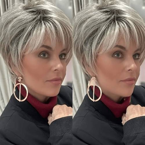 elegant machine woven short human hair wig with bangs lace free and high volume brazilian human hair wig for women granny gray 6 inch rose mesh cap suitable for all light beige tones natural look short hair wig