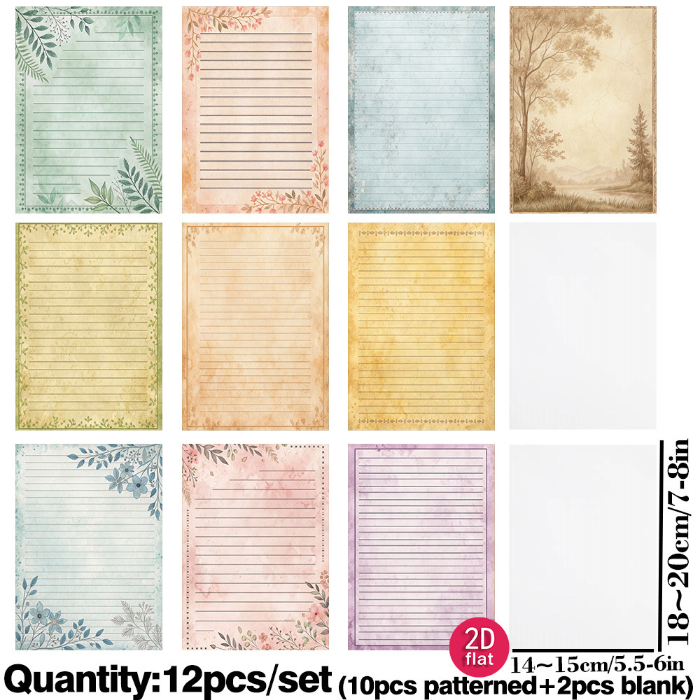 TEMU Ruonaorou 12pcs/pack Vintage Lined Stationery Vellum Paper Pack 2d Flat Soft Watercolor Floral Leaf Mountain Landscape Distressed Old Ruled