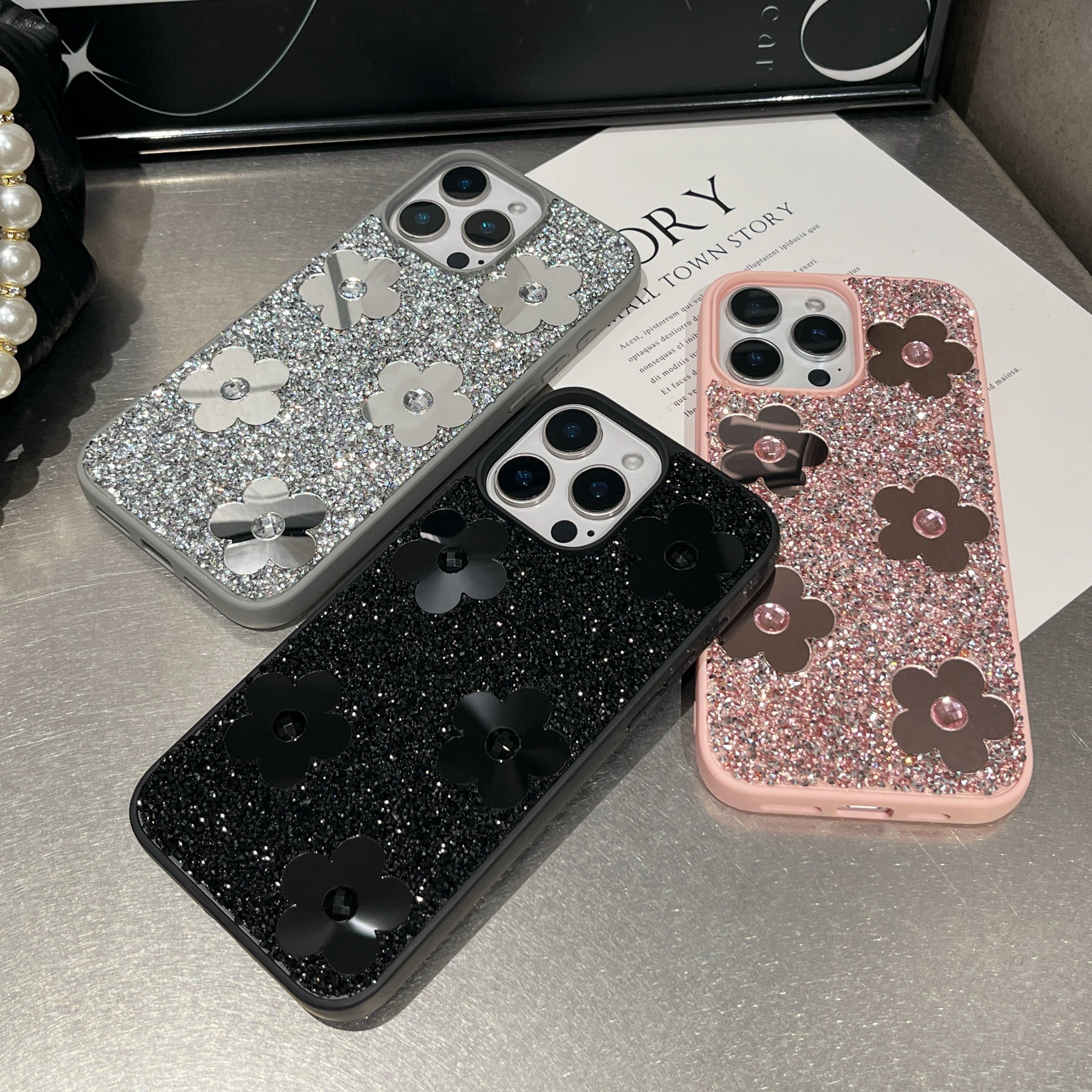 Phone Case: High-End Niche Case with Creative Rhinestones for 16 Pro Max, with Small Floral Print and Leather-Like Touch, Compatible with Cases for iPhone Series 16, 15, 14, 13, 12, 11, X, XR, SE, 8, 7 Plus, Pro Max