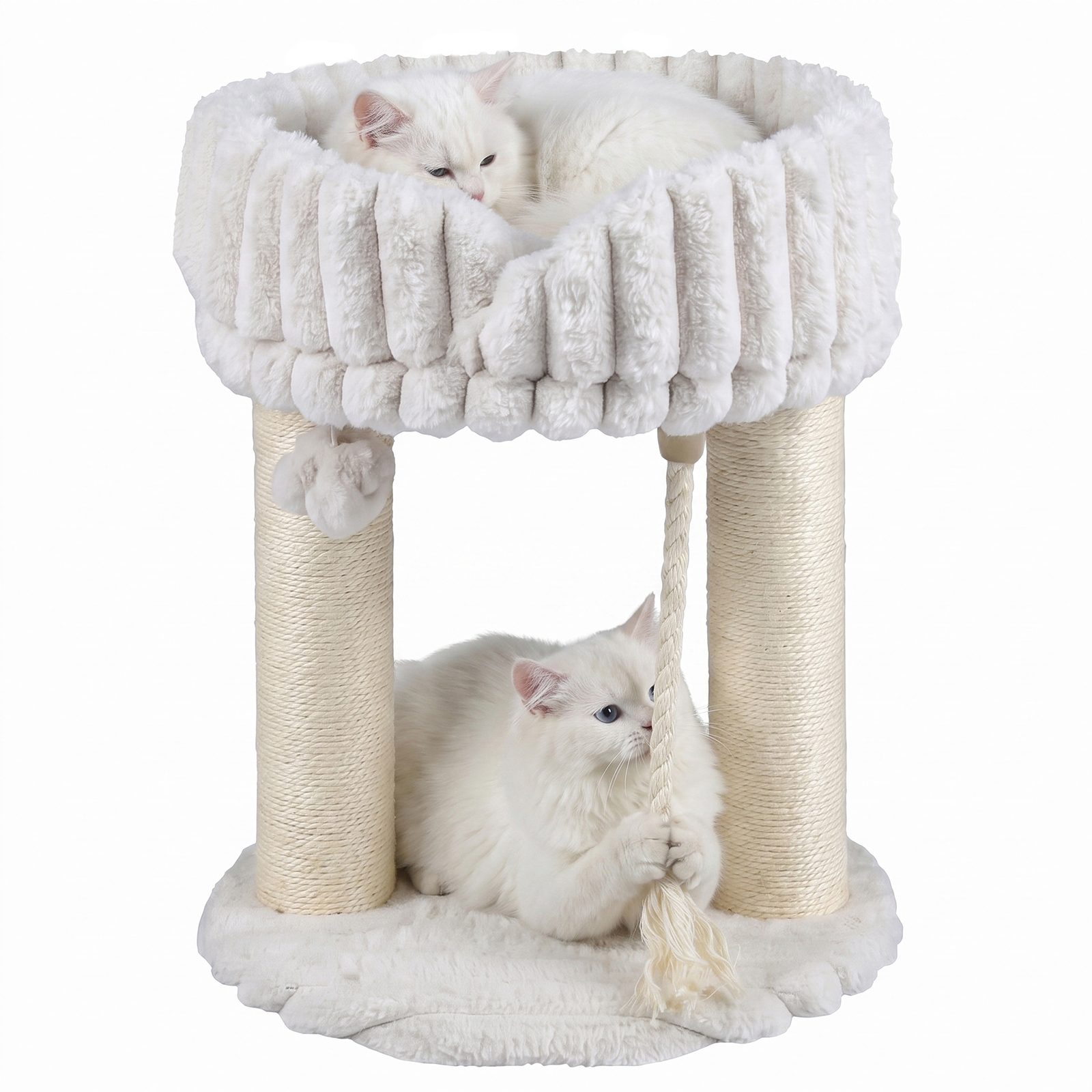 Image of 50.5cm Small Cat Tower With Plush Top Perch, Sisal Scratching Posts & Rope, Interactive Hanging Ball, 4-in-1 Indoor Kittens Playground For Climbing, White