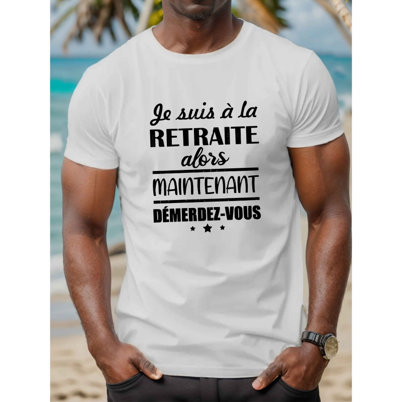 

T-Shirt Homme Bleu Marine avec Française Amusante - Col Rond Décontracté, Manches Courtes, Haut d'Été 100% Polyester avec Motif Géométrique - Lavable en Machine, Française, Motif Géométrique