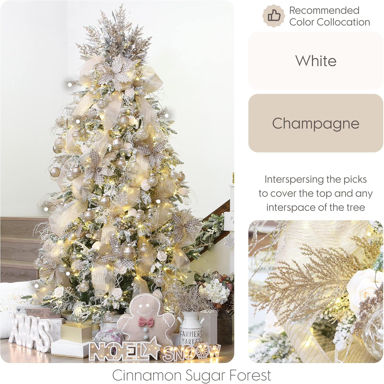 

24pcs Sparkling Glitter Pine - 14" Artificial Christmas Tree Ornaments, Decorative Stems For Holiday, Wedding & Party Decorations