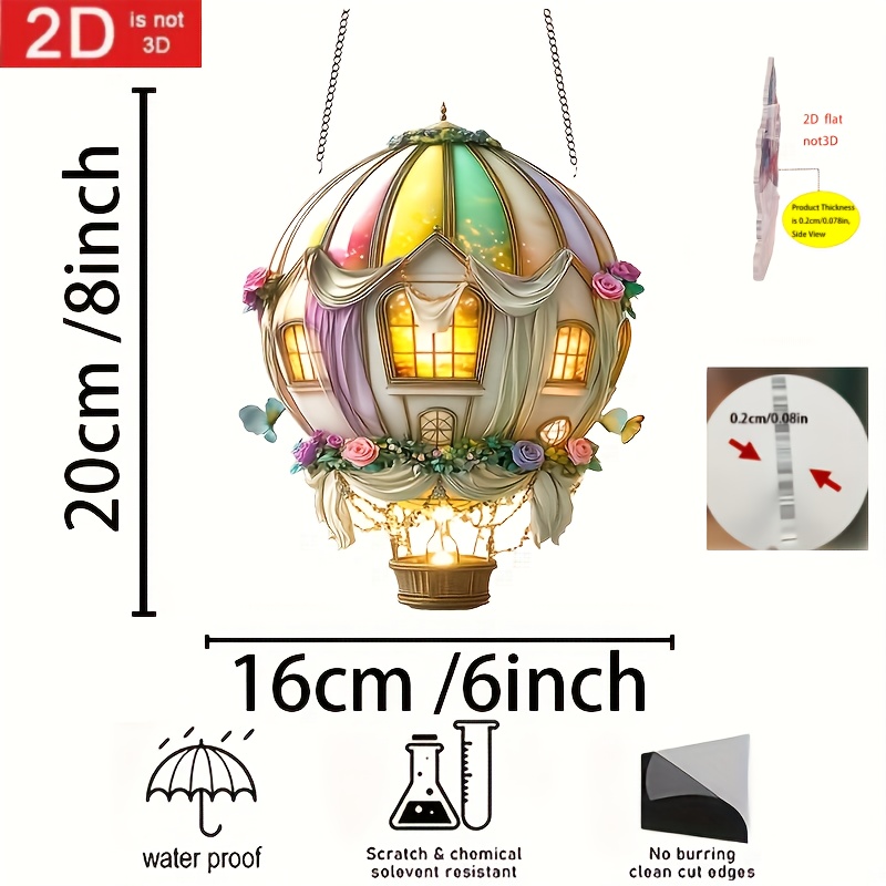TEMU 2d Flat - 2dflat 1pc 2d Acrylic Whimsical Hot Air Balloon Sun Catcher, Colorful Floral Theme Hanging Decor With Soft Flowers And Cozy Indoor