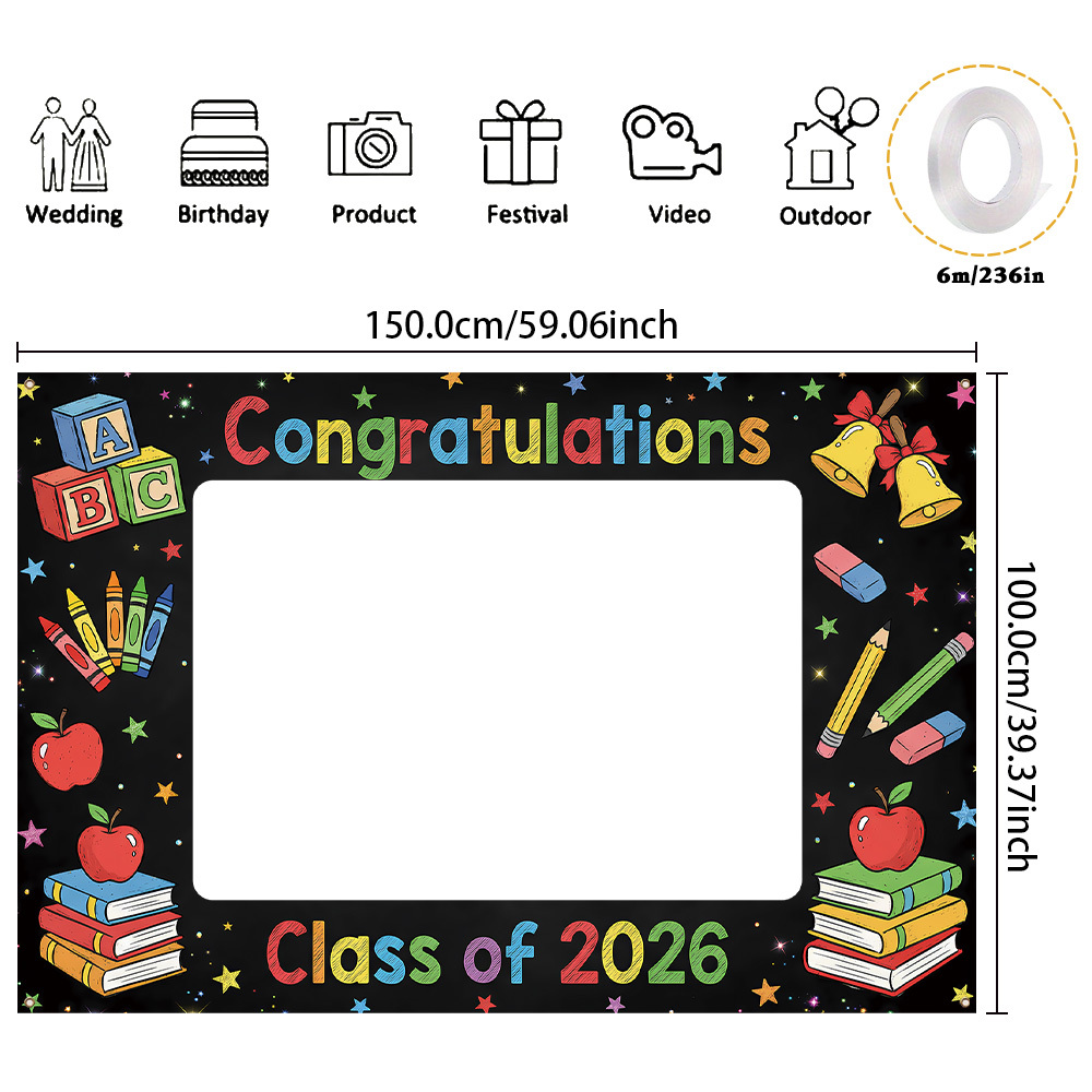 TEMU 2D-Flach, 2D-Flach-Banner, ., 2026 Abschluss- Lustiger Fotoraum-Party-Banner, Wachsmalstift-Stern- Buch-Fotografie-Banner, Geeignet für Schul-