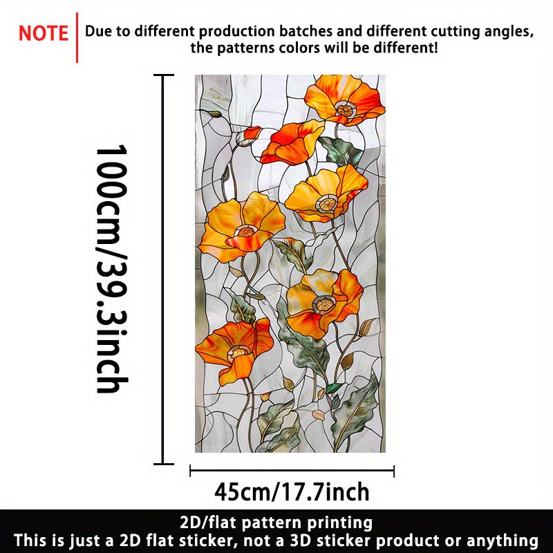 TEMU 1pc Vibrant Floral Glass Sticker - 17.71x39.37in (45x100cm) Pvc Static Cling Window Decal, Removable Privacy Film For Home, Kitchen, Bedroom,
