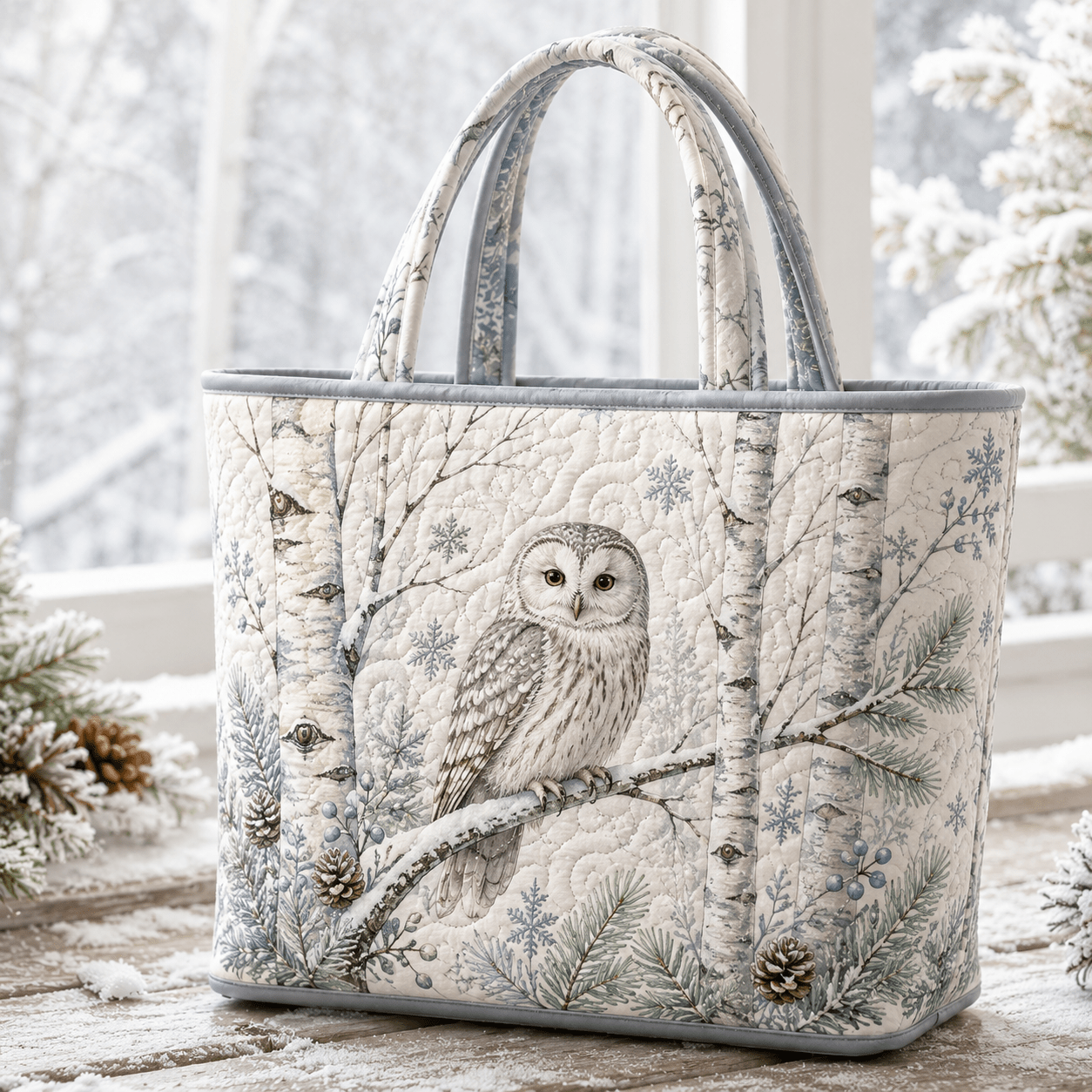 TEMU Women's Quilted Tote Bag, Snowy Owl Winter Branch And Snowflake Print, Gray White Winter Woodland Style, Large Handbag For Christmas Shopping, ,