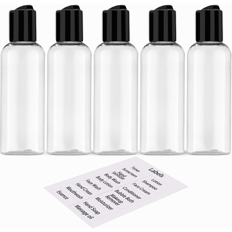 TEMU Set Of 5 3.4 Oz/100ml Travel Containers For Personal Care Items, Tsa , Leak-resistant Plastic Empty Bottles With Labels