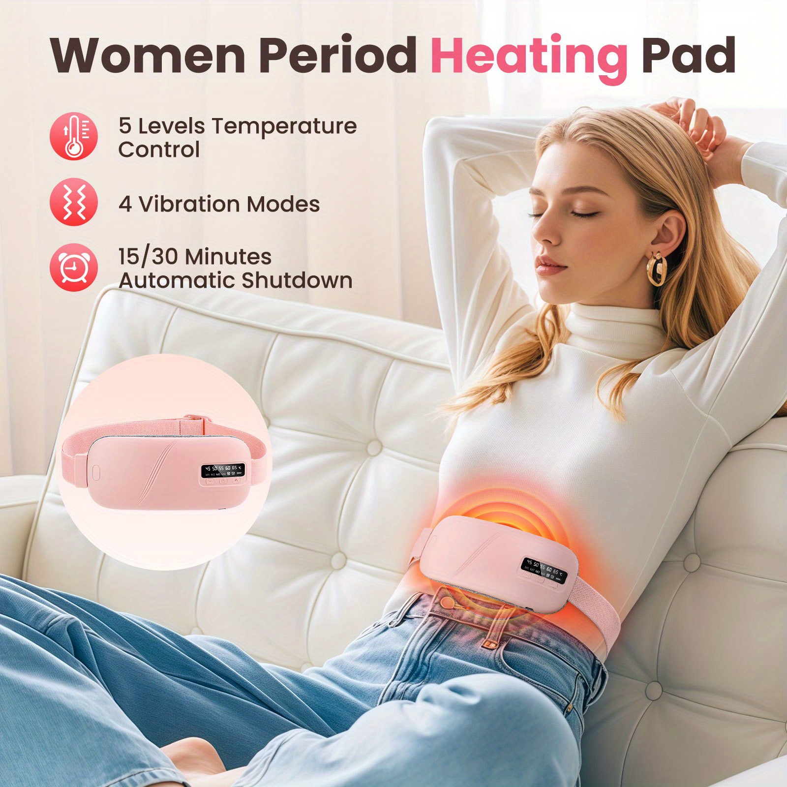 menstrual heating pad for abdominal and lower back massage portable electric heating massage pad for women 5 heat and 4 vibration levels usb rechargeable abdominal warmer with 15 min auto shut off  able design  
