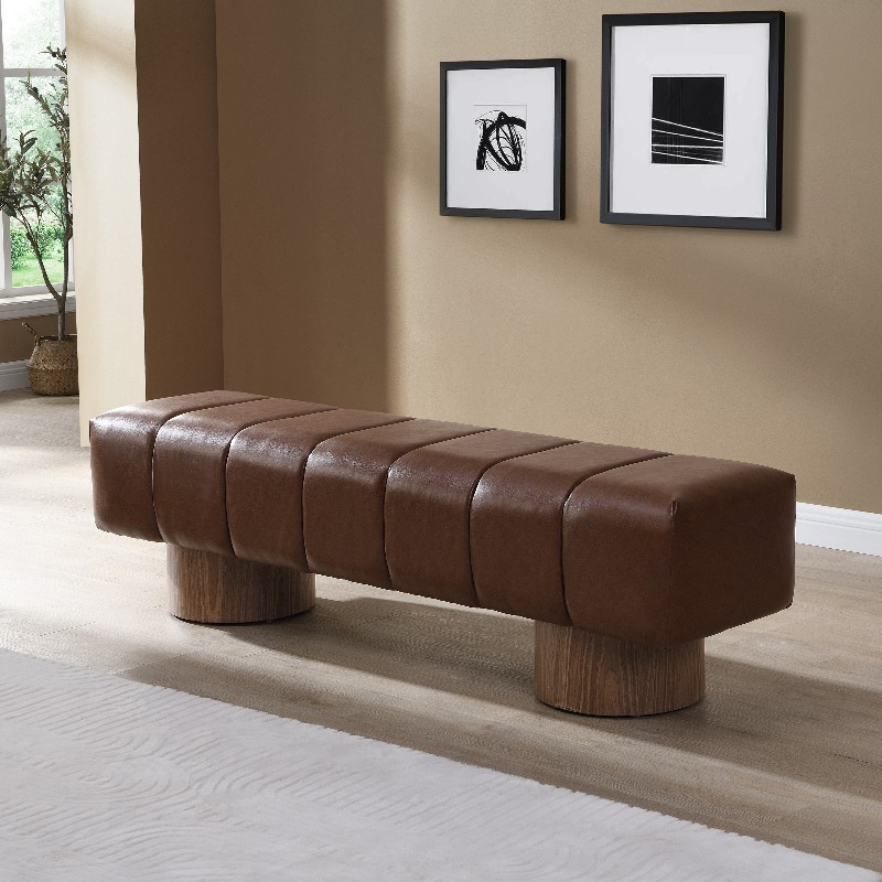 Classic Modern Brown PU Leather Bench - Sturdy Wood Legs