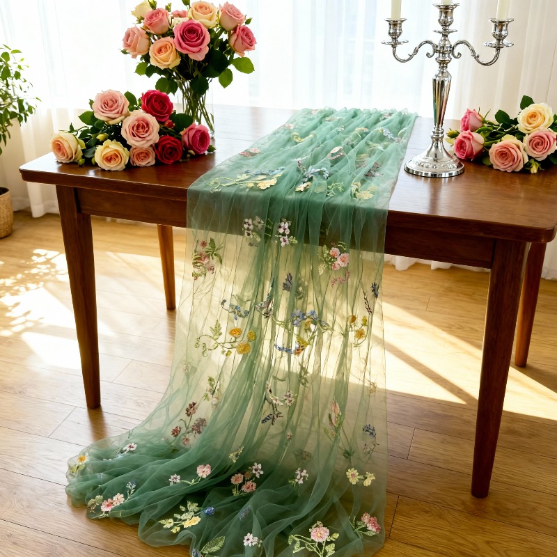 TEMU 1pc Sage Green Tulle With Flower Embroidery - Pre-cut Suitable For Weddings, Birthdays, Easter & Ramadan Decorations | Handcrafted Netting For